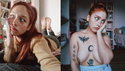 Colegiala pecosa desnuda y mostrando sus tetas