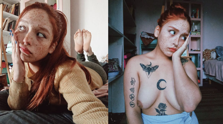 Colegiala pecosa desnuda y mostrando sus tetas